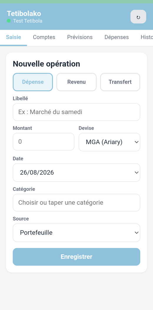 Écran Saisie de Tetibolako